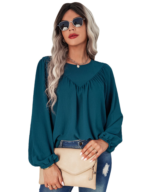 Women's casual loose round neck solid color pullover shirt