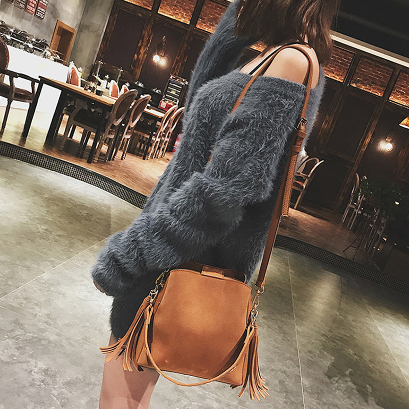 Fashion Scrub Women Bucket Bag Vintage Tassel Shoulder Bag