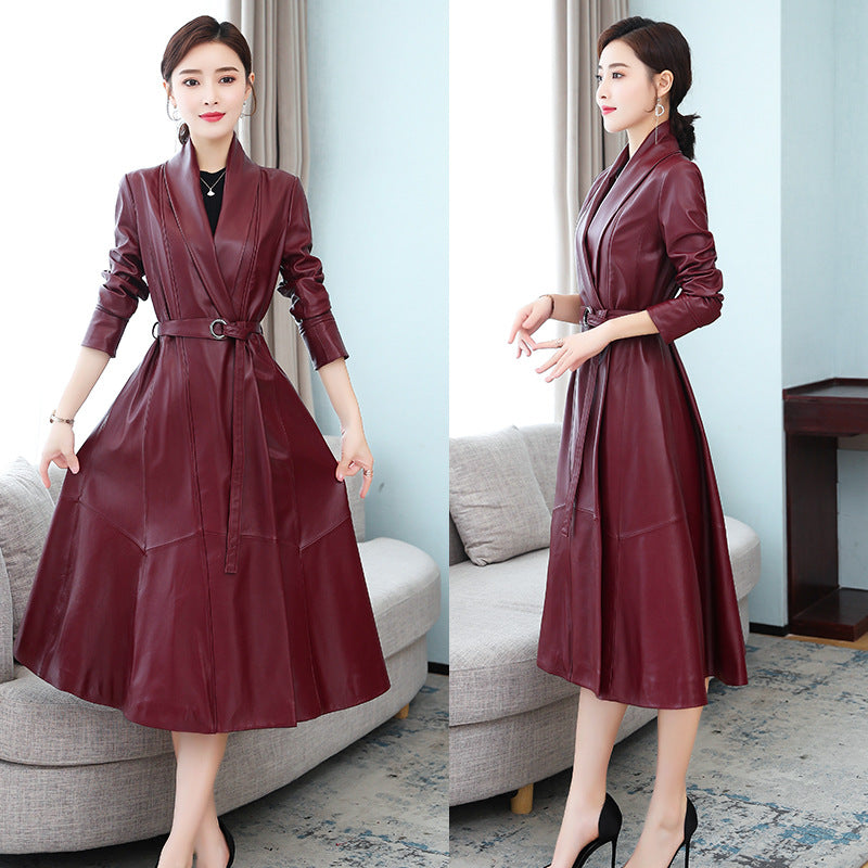 Leather Sheep Skin Long Slim Fashion Coat