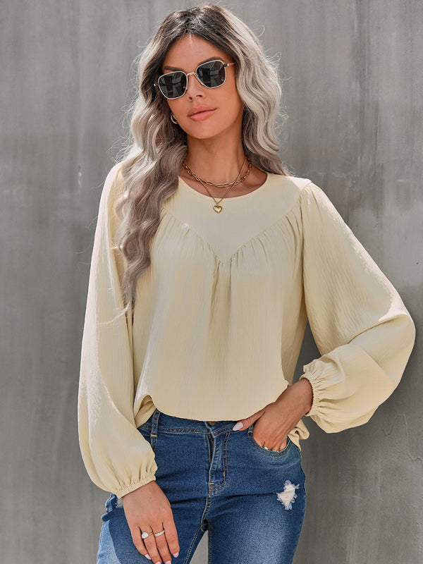 Women's casual loose round neck solid color pullover shirt