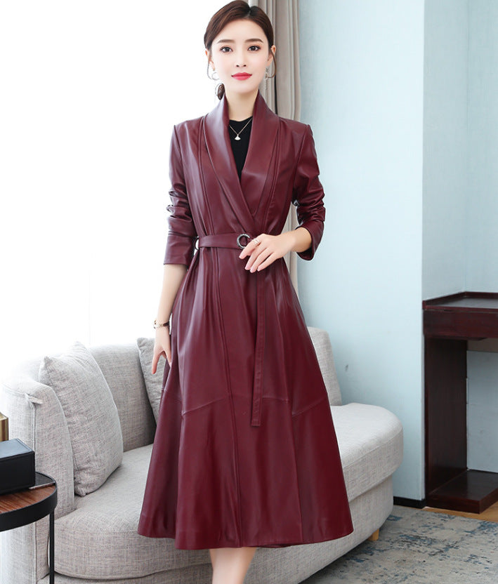 Leather Sheep Skin Long Slim Fashion Coat