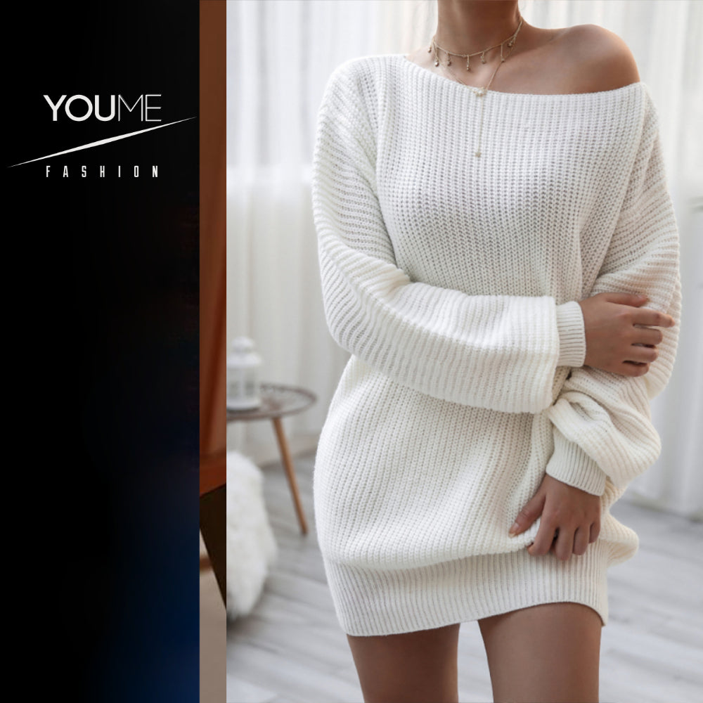 Women's straight neck casual loose knit wool style dress