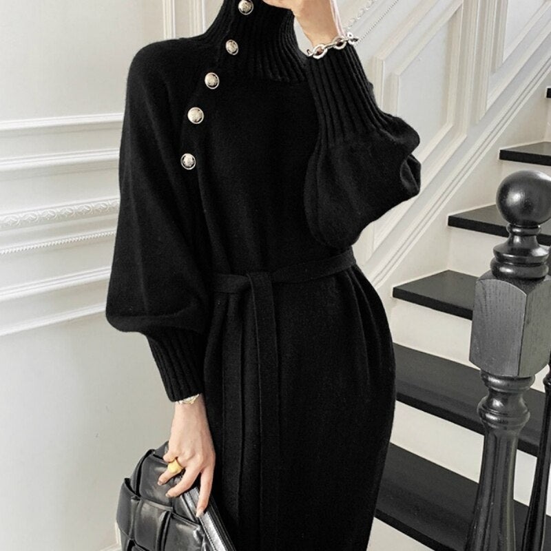 Elegant Turtleneck Sweater Dress with Lantern Sleeves