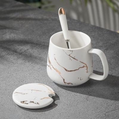 Marble Couple Cup 420ML. Ceramic coffee mug with spoon.