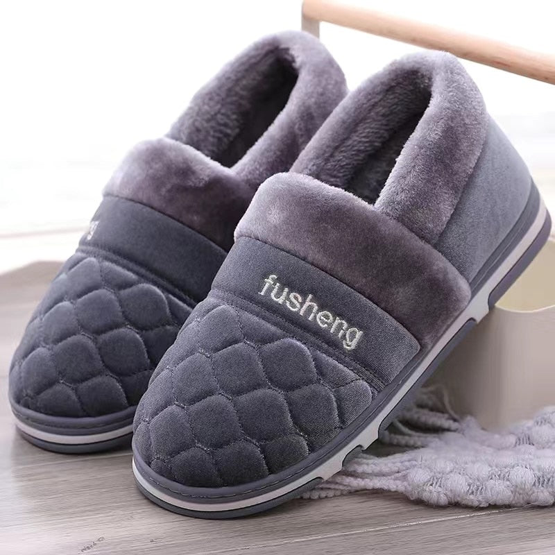 Winter Warm Men's Slippers: Indoor Soft Cotton Fabric Shoes with Gingham Design