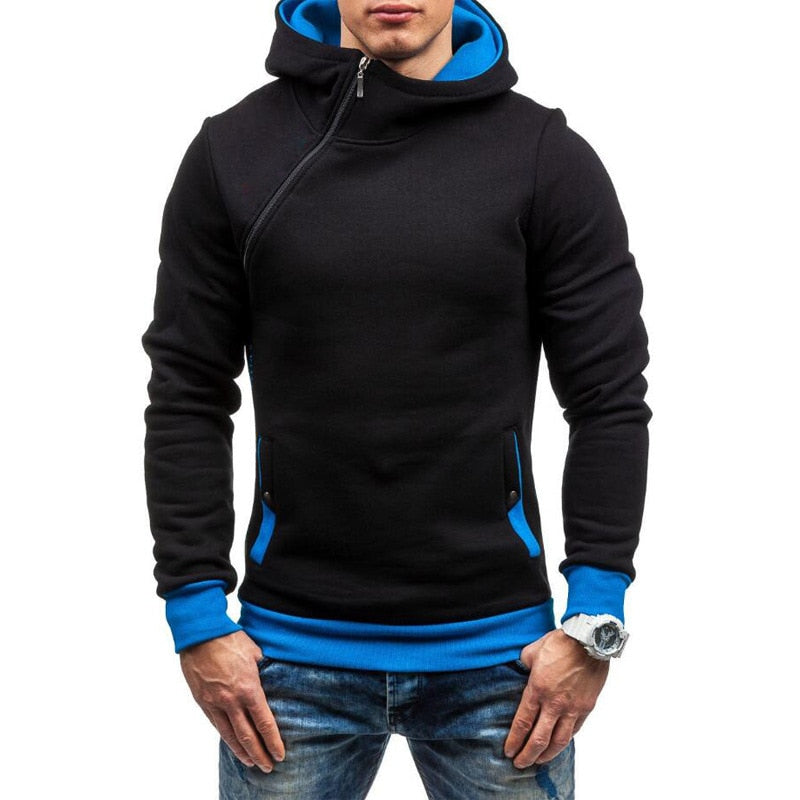 Slim Hooded Sweatshirt with Diagonal Zipper for Men