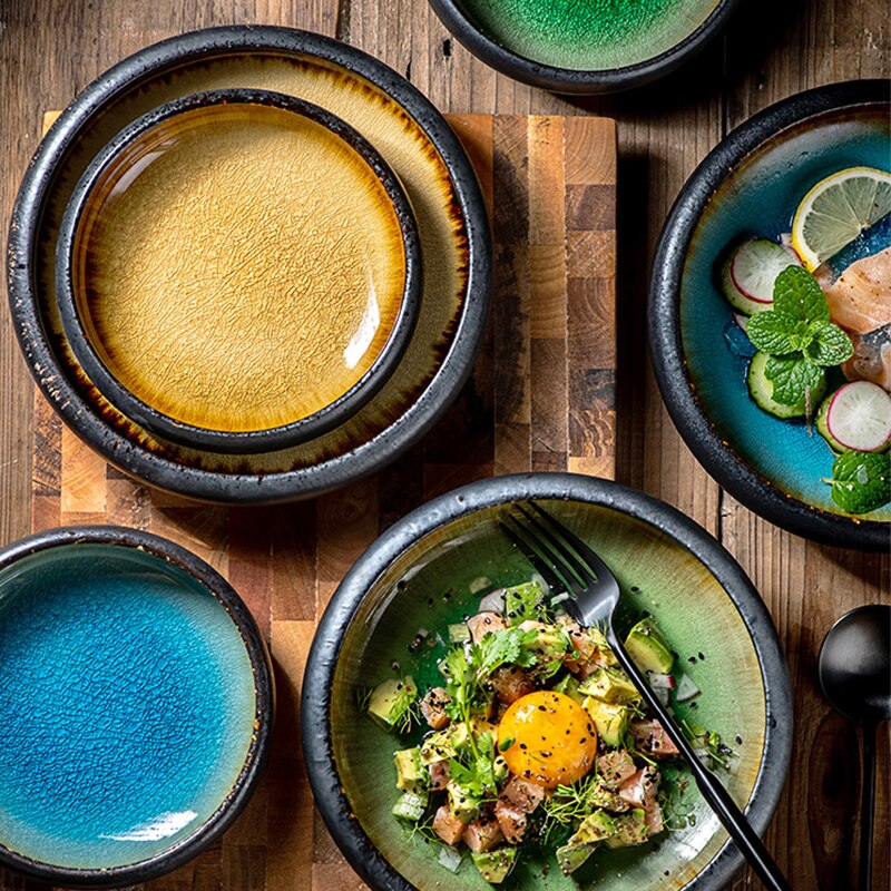 KINGLANG Kiln Ice Split Glaze Ceramic Plates in a Japanese style, the perfect dish for Salads