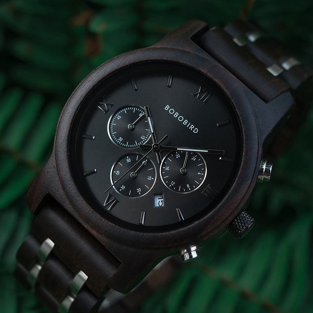 Bobobird Wood Watch. Quartz, Stainless Steel Band Chronograph.