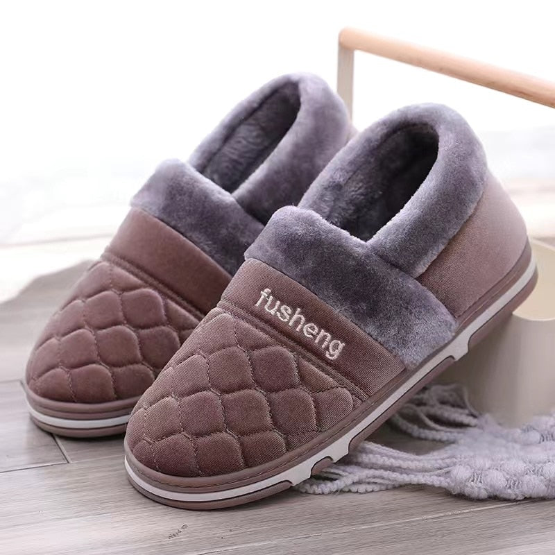 Winter Warm Men's Slippers: Indoor Soft Cotton Fabric Shoes with Gingham Design