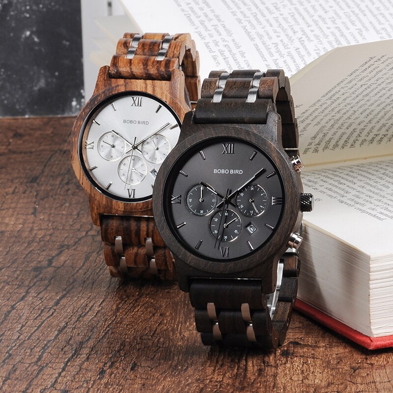 Bobobird Wood Watch. Quartz, Stainless Steel Band Chronograph.