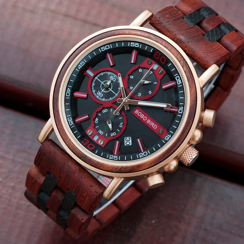 BOBO BIRD Stylish Chronograph Watches in Wooden Box.