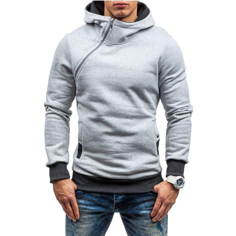 Slim Hooded Sweatshirt with Diagonal Zipper for Men