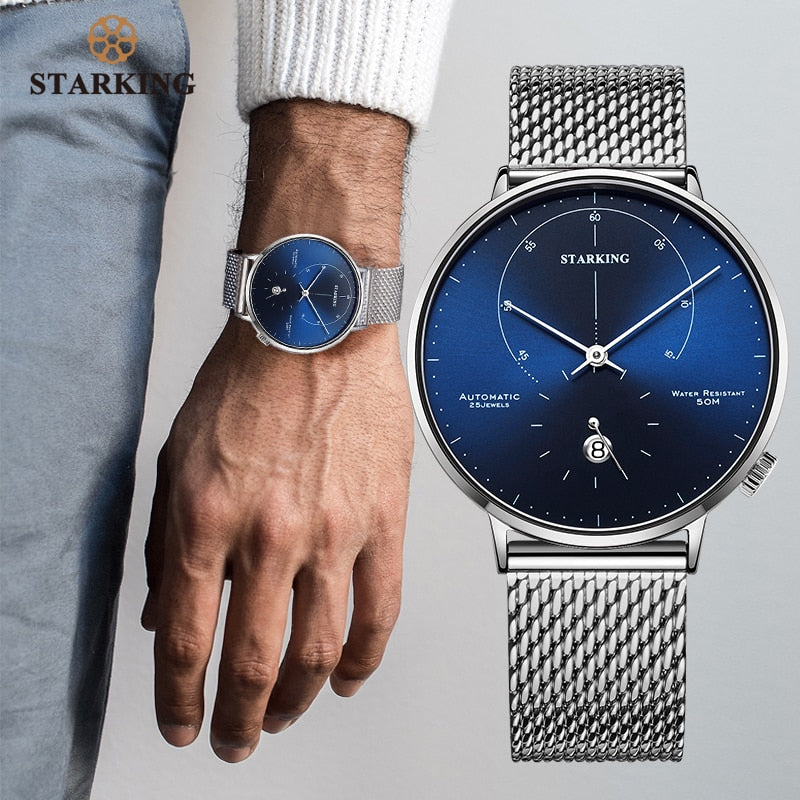 STARKING Automatic Watch: Self-Wind 28800 Wristwatch with Stainless Steel Case and Steel Mesh Band