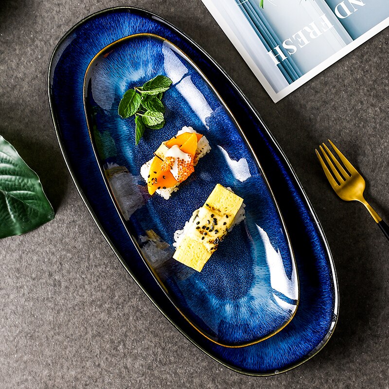 KINGLANG Japanese Kiln Glazed Blue Long Sushi Plate