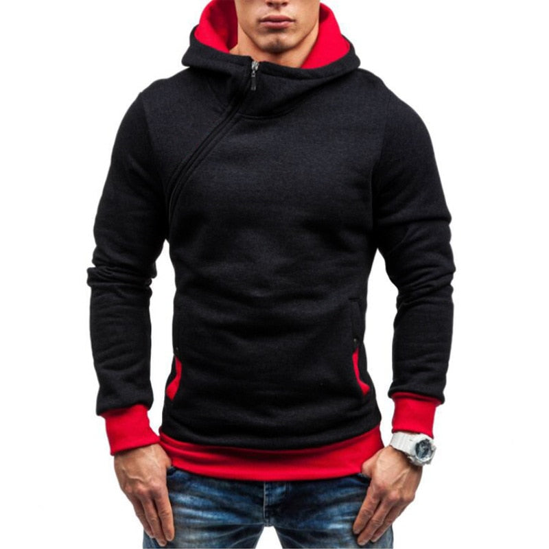 Slim Hooded Sweatshirt with Diagonal Zipper for Men