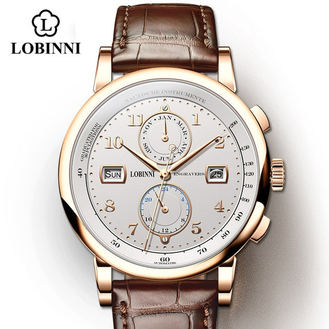 LOBINNI Men's Waterproof Business Watch: Luxurious Timepiece with Stainless Steel Construction and Leather Strap