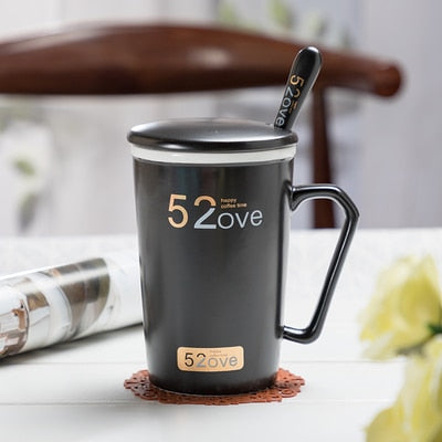 Marble Couple Cup 420ML. Ceramic coffee mug with spoon.