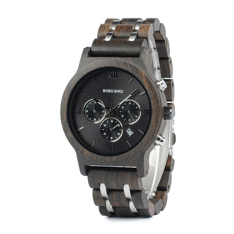 Bobobird Wood Watch. Quartz, Stainless Steel Band Chronograph.