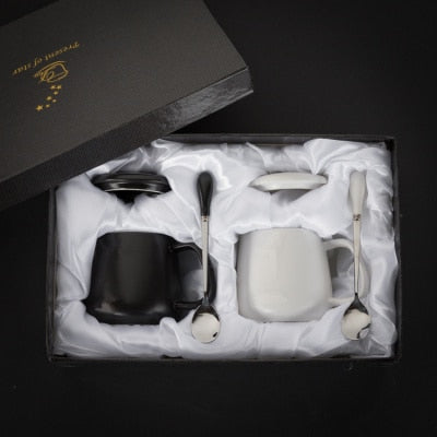 Marble Couple Cup 420ML. Ceramic coffee mug with spoon.