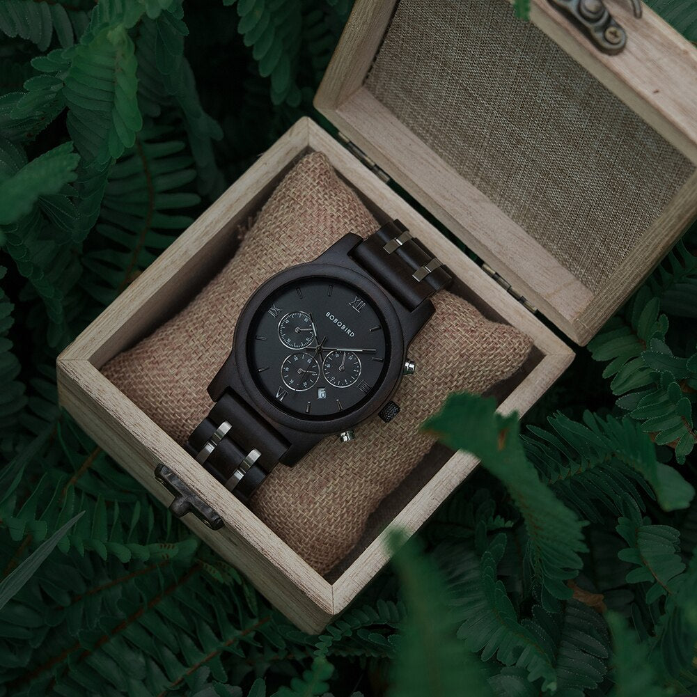 Bobobird Wood Watch. Quartz, Stainless Steel Band Chronograph.