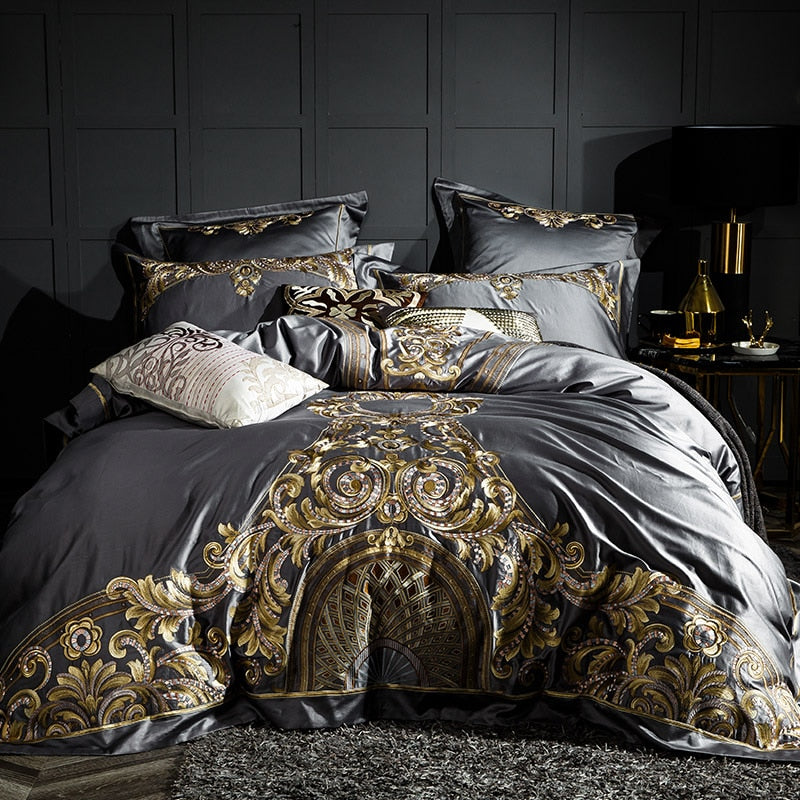 Luxury Satin Egyptian Cotton Bedding Set with Gold Royal Embroidery