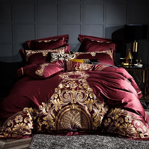 Luxury Satin Egyptian Cotton Bedding Set with Gold Royal Embroidery