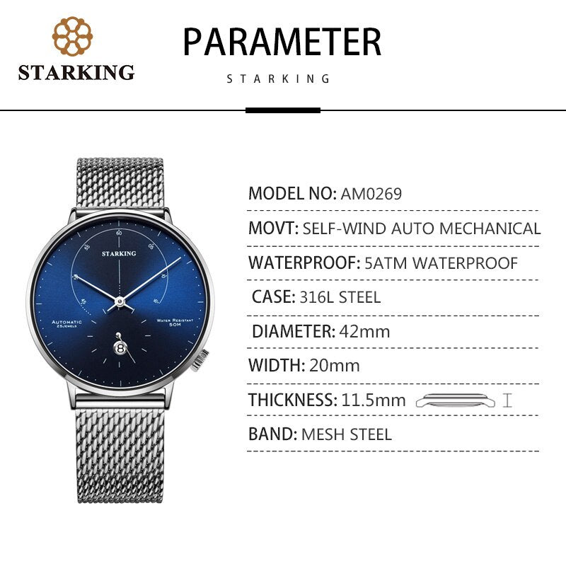 STARKING Automatic Watch: Self-Wind 28800 Wristwatch with Stainless Steel Case and Steel Mesh Band