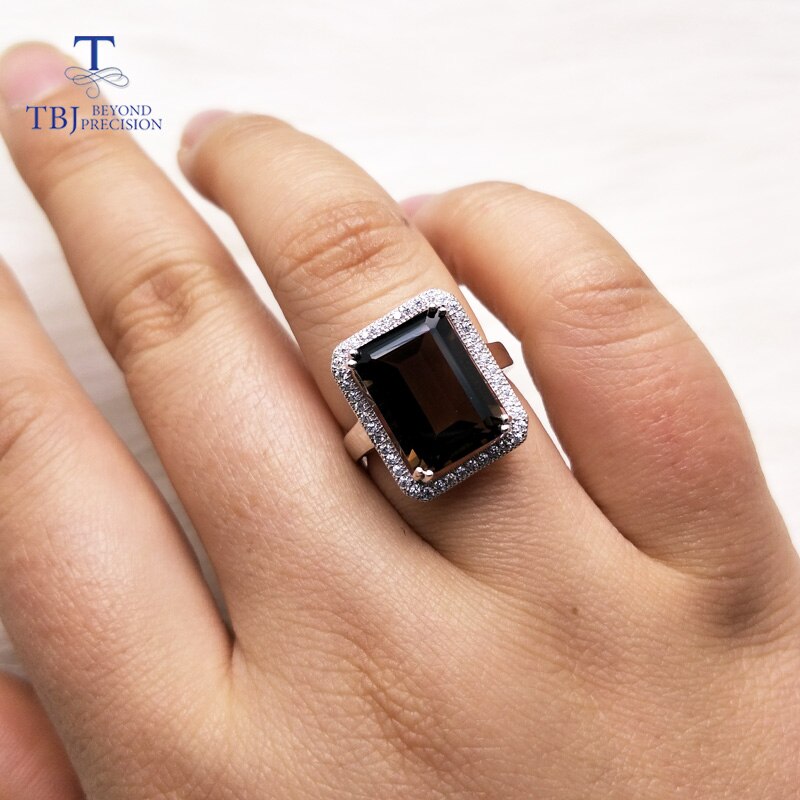 TBJ Classic big size gemstone ring with Natural smokey oct10* 14mm in 925 sterling silver jewelry gift for women