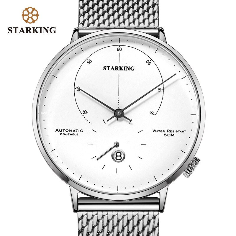 STARKING Automatic Watch: Self-Wind 28800 Wristwatch with Stainless Steel Case and Steel Mesh Band