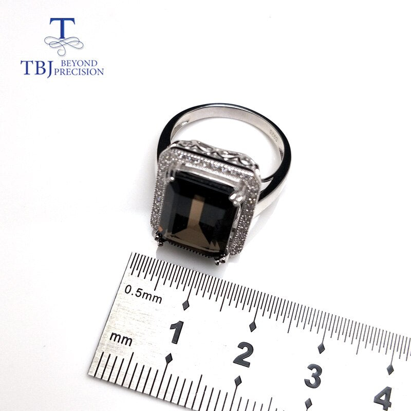 TBJ Classic big size gemstone ring with Natural smokey oct10* 14mm in 925 sterling silver jewelry gift for women