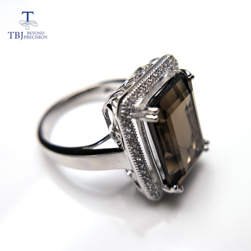 TBJ Classic big size gemstone ring with Natural smokey oct10* 14mm in 925 sterling silver jewelry gift for women