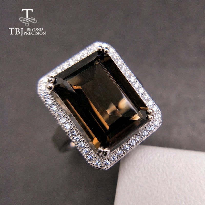 TBJ Classic big size gemstone ring with Natural smokey oct10* 14mm in 925 sterling silver jewelry gift for women