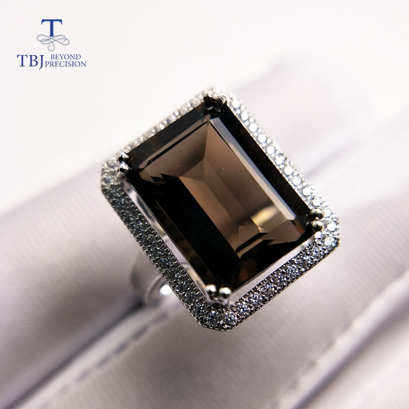 TBJ Classic big size gemstone ring with Natural smokey oct10* 14mm in 925 sterling silver jewelry gift for women