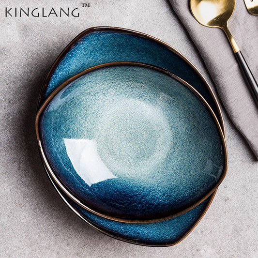 KINGLANG Blue Eye Kiln Glaze Ceramic Tableware Dish Plate Ice Crack Porcelain Dinnerware Set