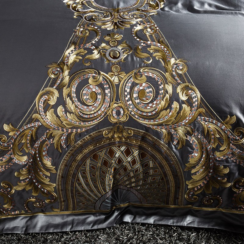 Luxury Satin Egyptian Cotton Bedding Set with Gold Royal Embroidery