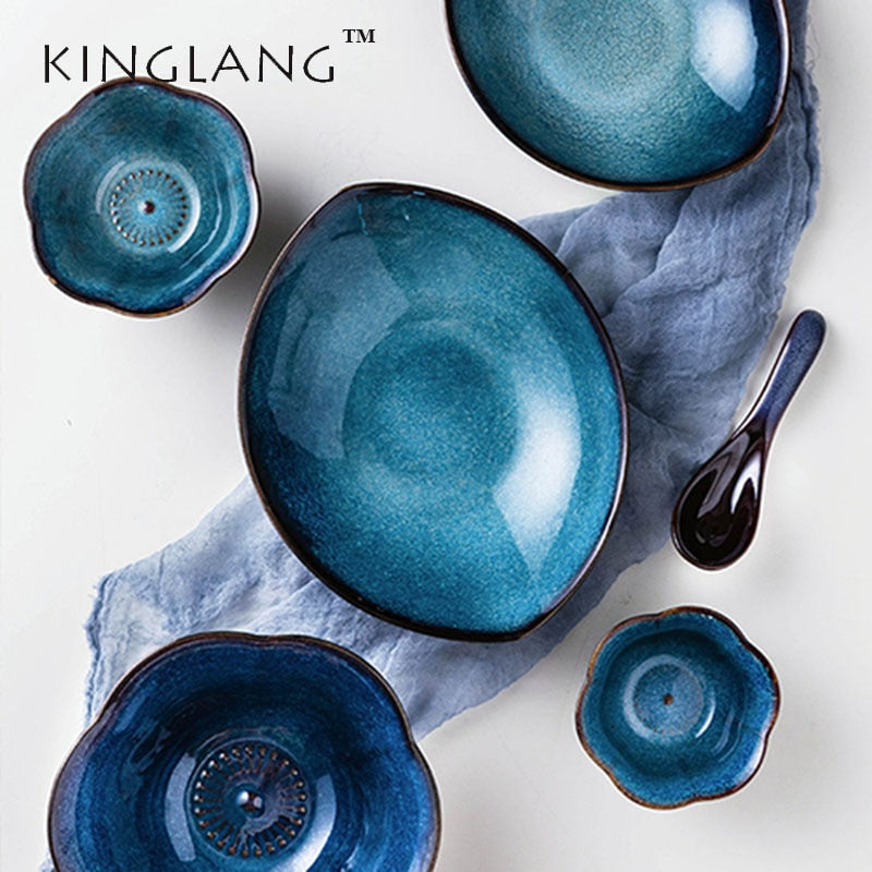 KINGLANG Blue Eye Kiln Glaze Ceramic Tableware Dish Plate Ice Crack Porcelain Dinnerware Set