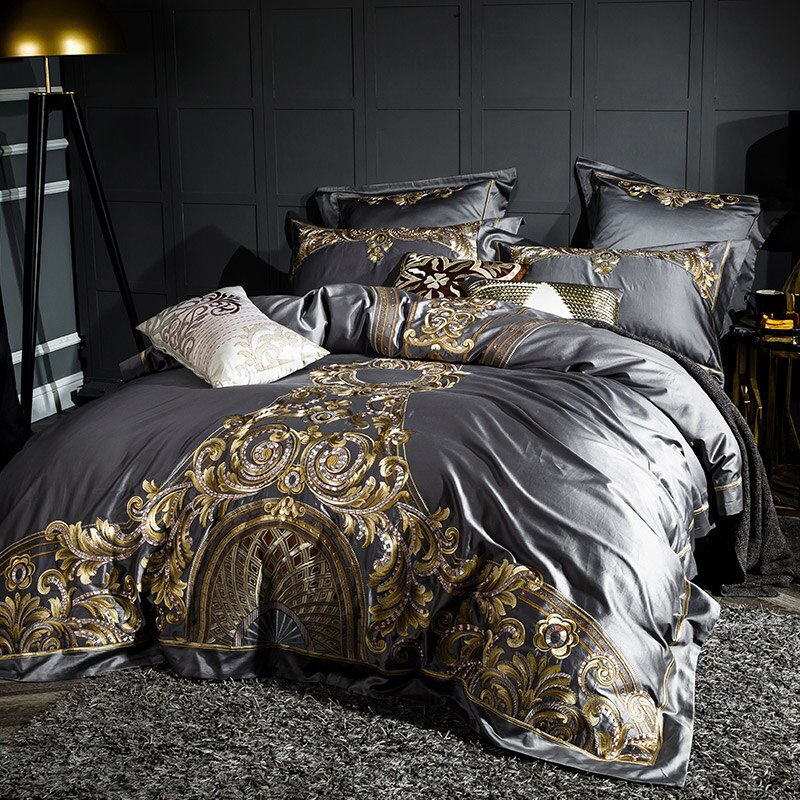 Luxury Satin Egyptian Cotton Bedding Set with Gold Royal Embroidery