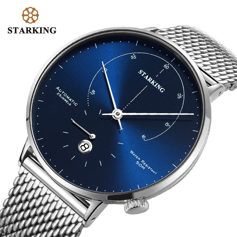 STARKING Automatic Watch: Self-Wind 28800 Wristwatch with Stainless Steel Case and Steel Mesh Band