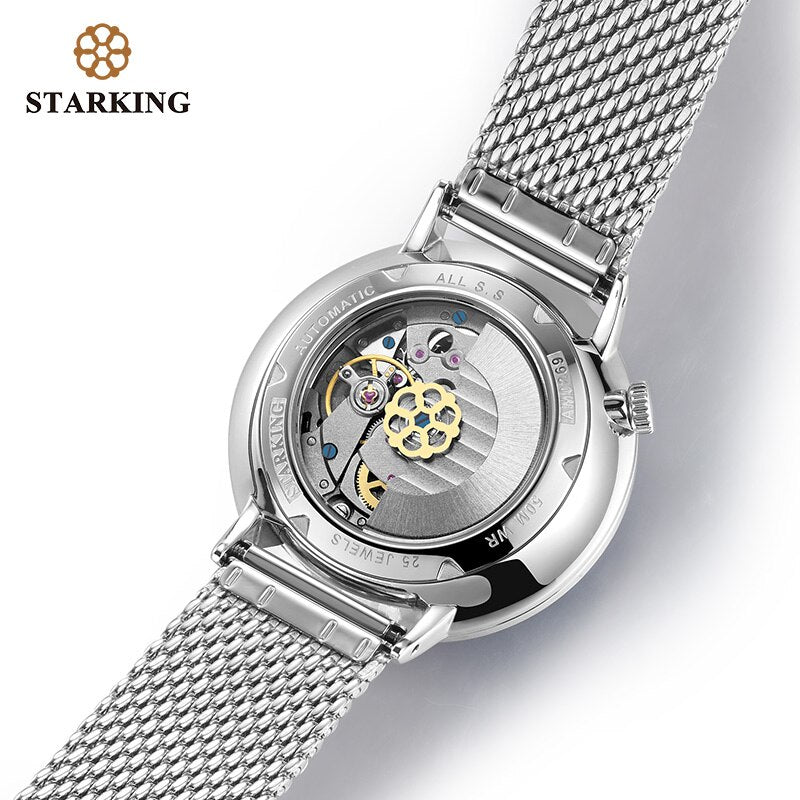 STARKING Automatic Watch: Self-Wind 28800 Wristwatch with Stainless Steel Case and Steel Mesh Band