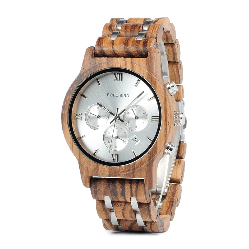 Bobobird Wood Watch. Quartz, Stainless Steel Band Chronograph.