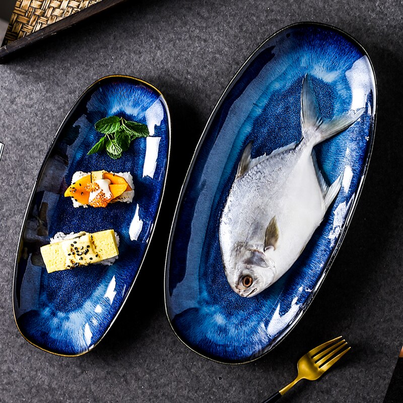 KINGLANG Japanese Kiln Glazed Blue Long Sushi Plate