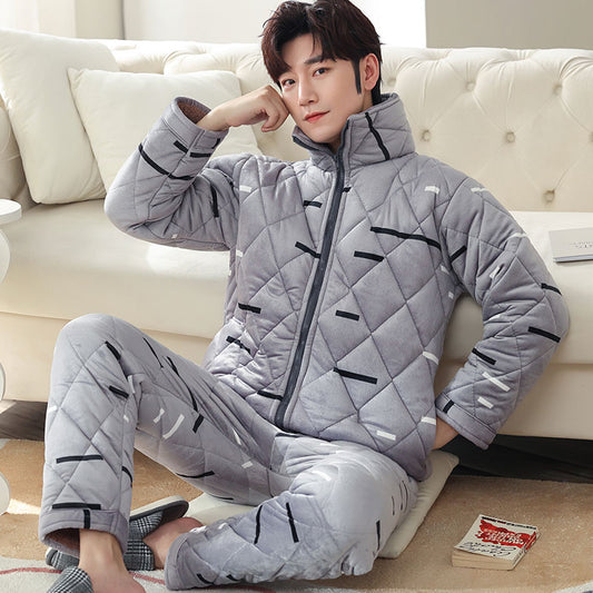 Men's Winter Pajama Set: Warm Three-Layer Cotton-Padded Sleepwear Suit