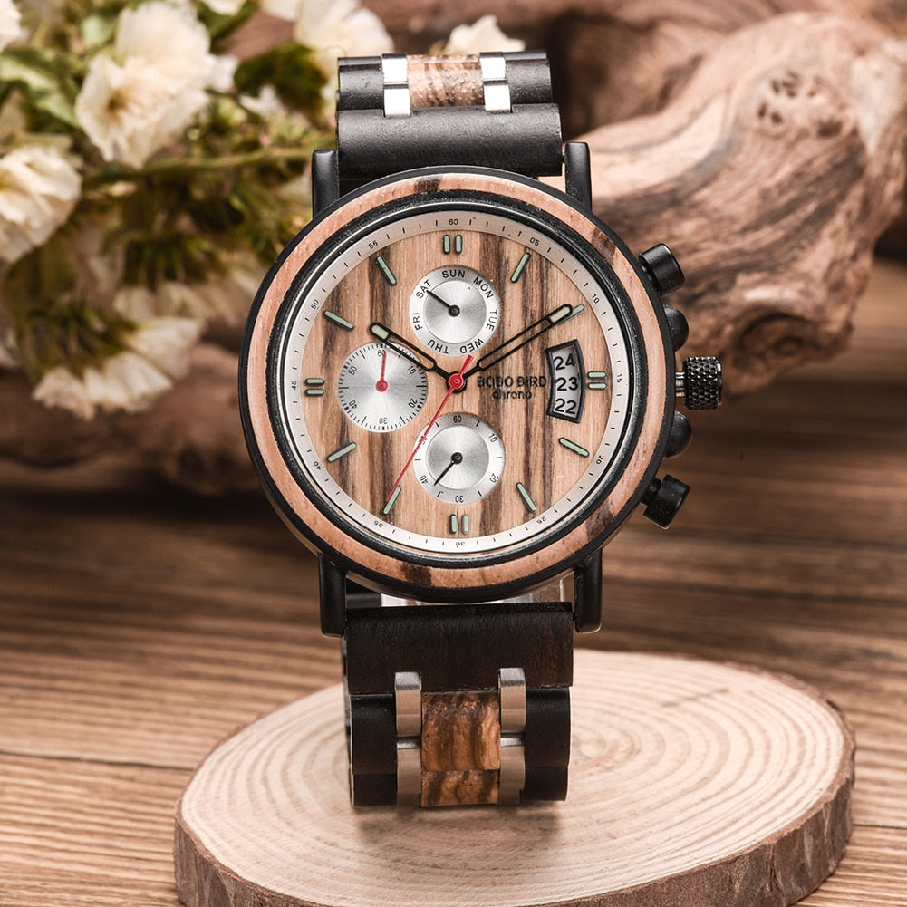 BOBO BIRD Stylish Chronograph Watches in Wooden Box.