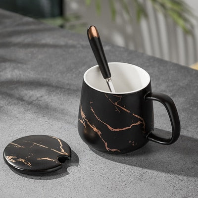 Marble Couple Cup 420ML. Ceramic coffee mug with spoon.