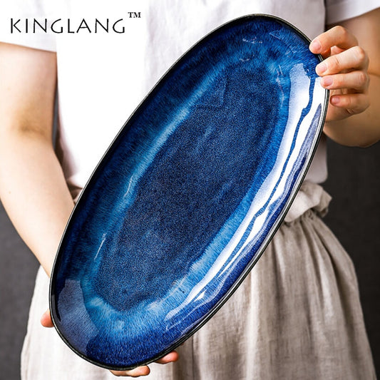 KINGLANG Japanese Kiln Glazed Blue Long Sushi Plate