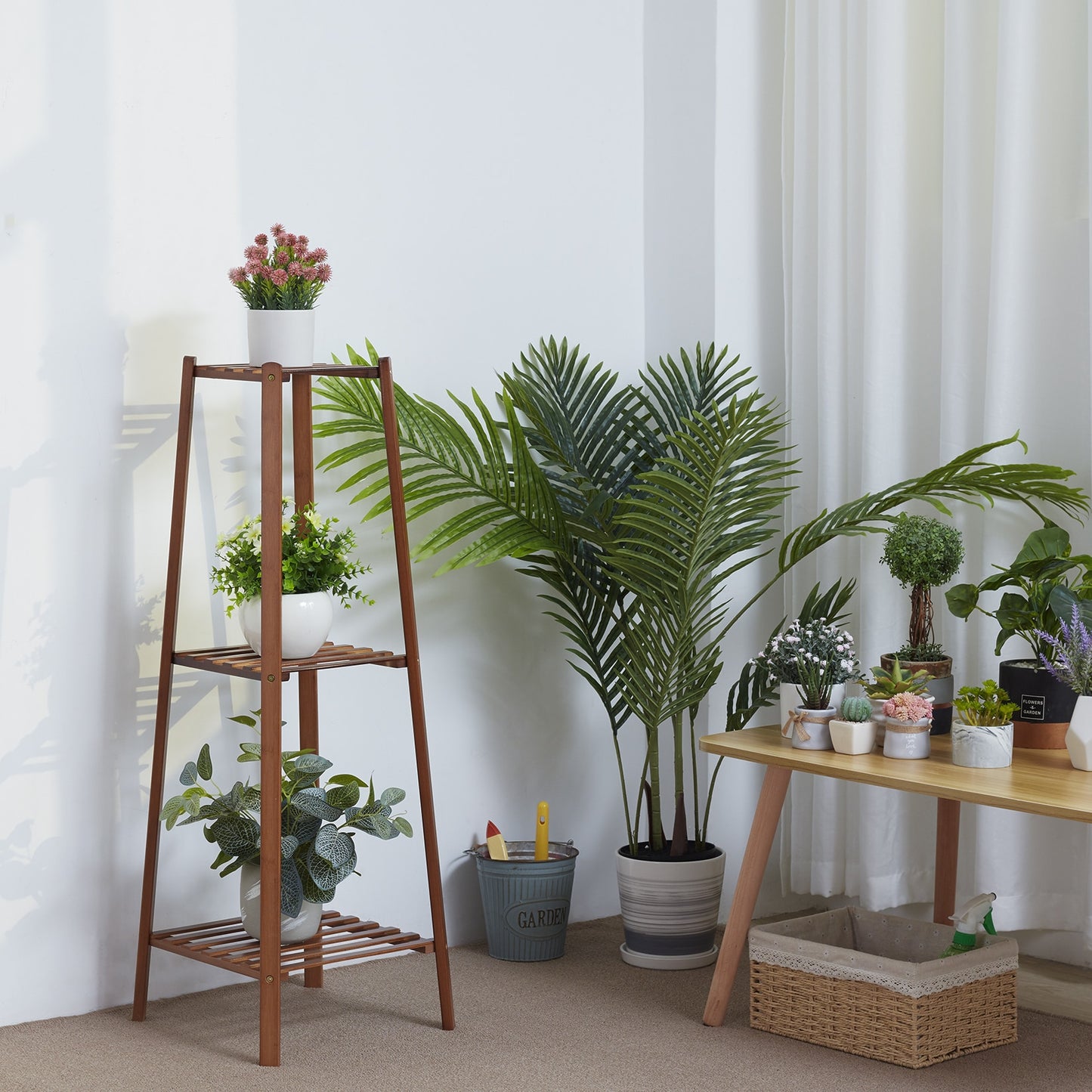 Tall Bamboo Plant Stand Flower Pot. Display Rack Shelf Indoor.