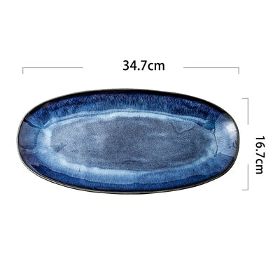 KINGLANG Japanese Kiln Glazed Blue Long Sushi Plate