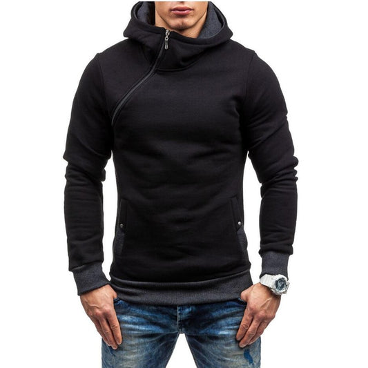 Slim Hooded Sweatshirt with Diagonal Zipper for Men