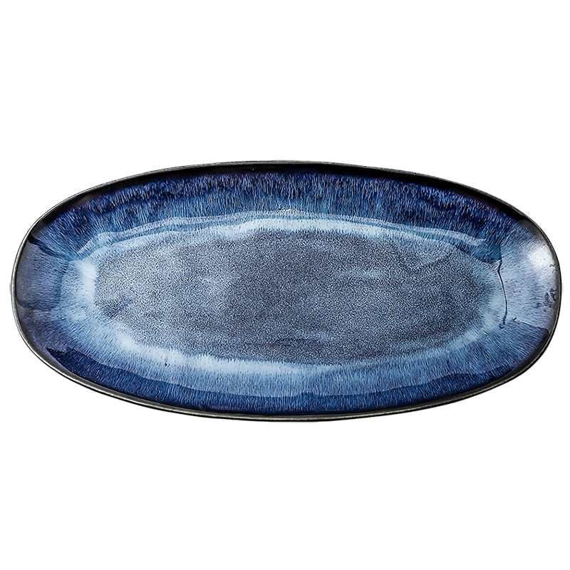 KINGLANG Japanese Kiln Glazed Blue Long Sushi Plate