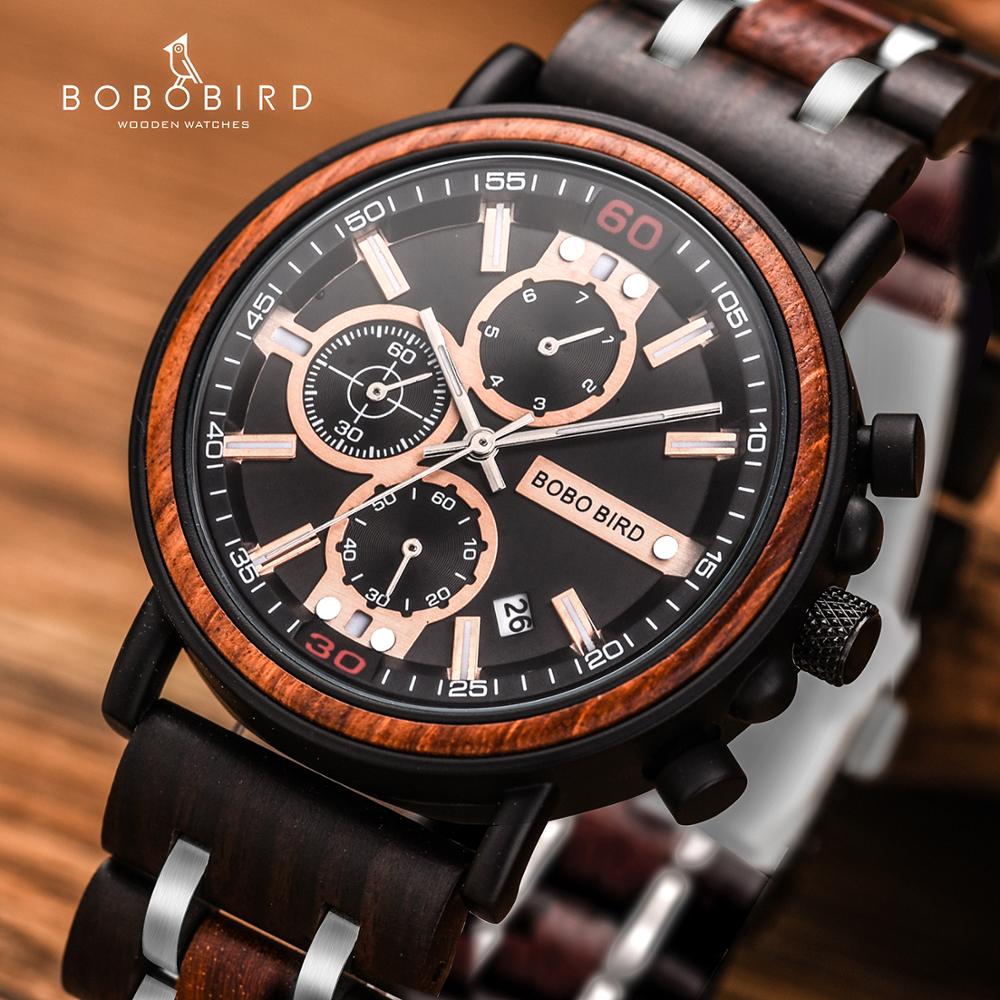 BOBO BIRD Stylish Chronograph Watches in Wooden Box.